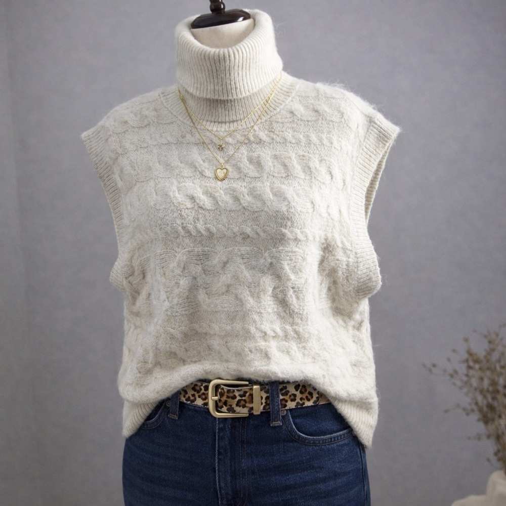 Cream Cable Knit Sleeveless Turtleneck Sweater Vest Cozy Minimalist Neutral Soft